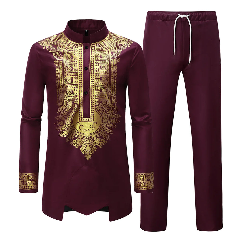 Vêtements traditionnels pour hommes, ensembles africains deux pièces, chemises à manches longues à col montant imprimées, pantalons, streetwear 2026, tenue ethnique africaine