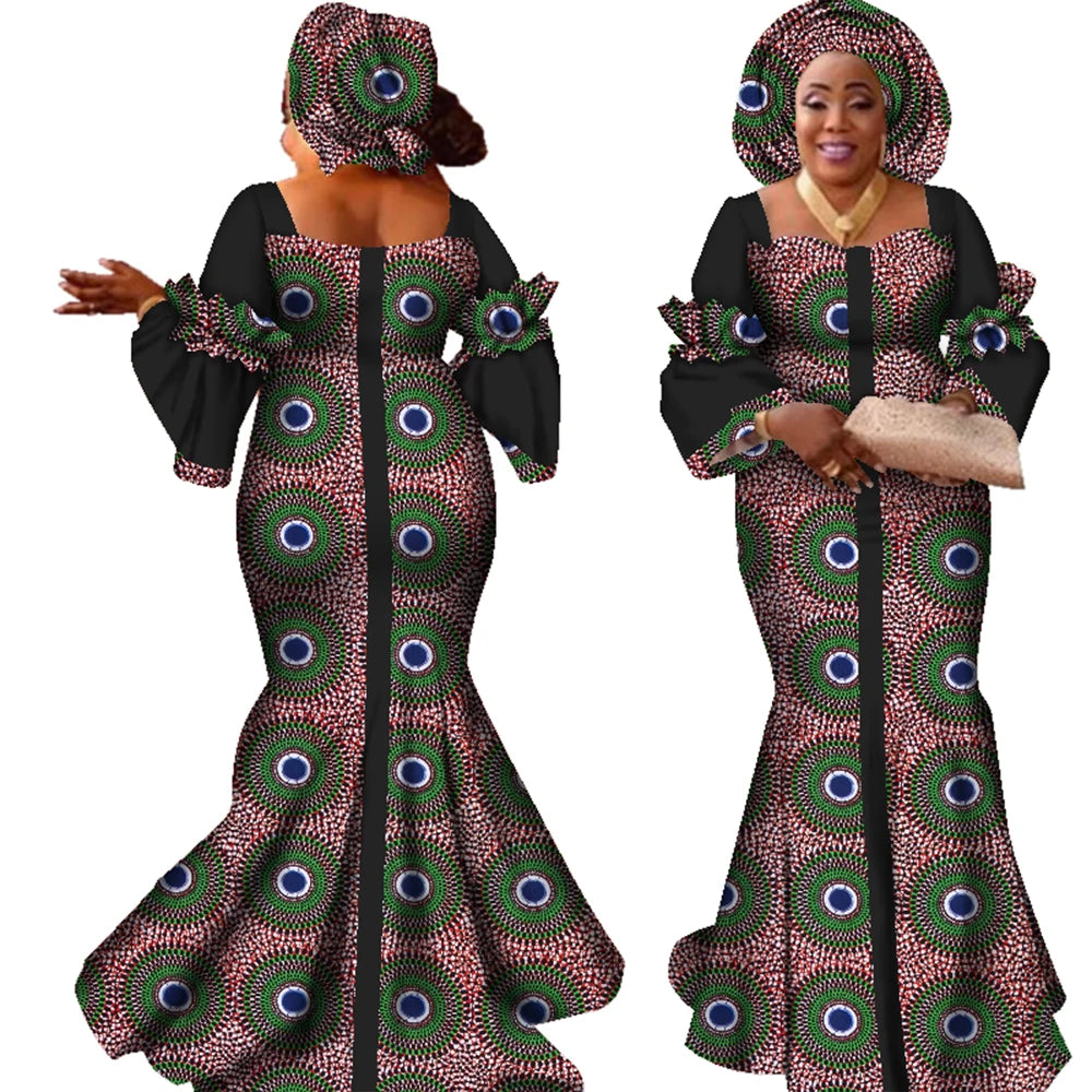African Dresses for Women Fashion Design New African Bazin Fashion Design Dress Long Dress with Scarf African Clothes WY2347
