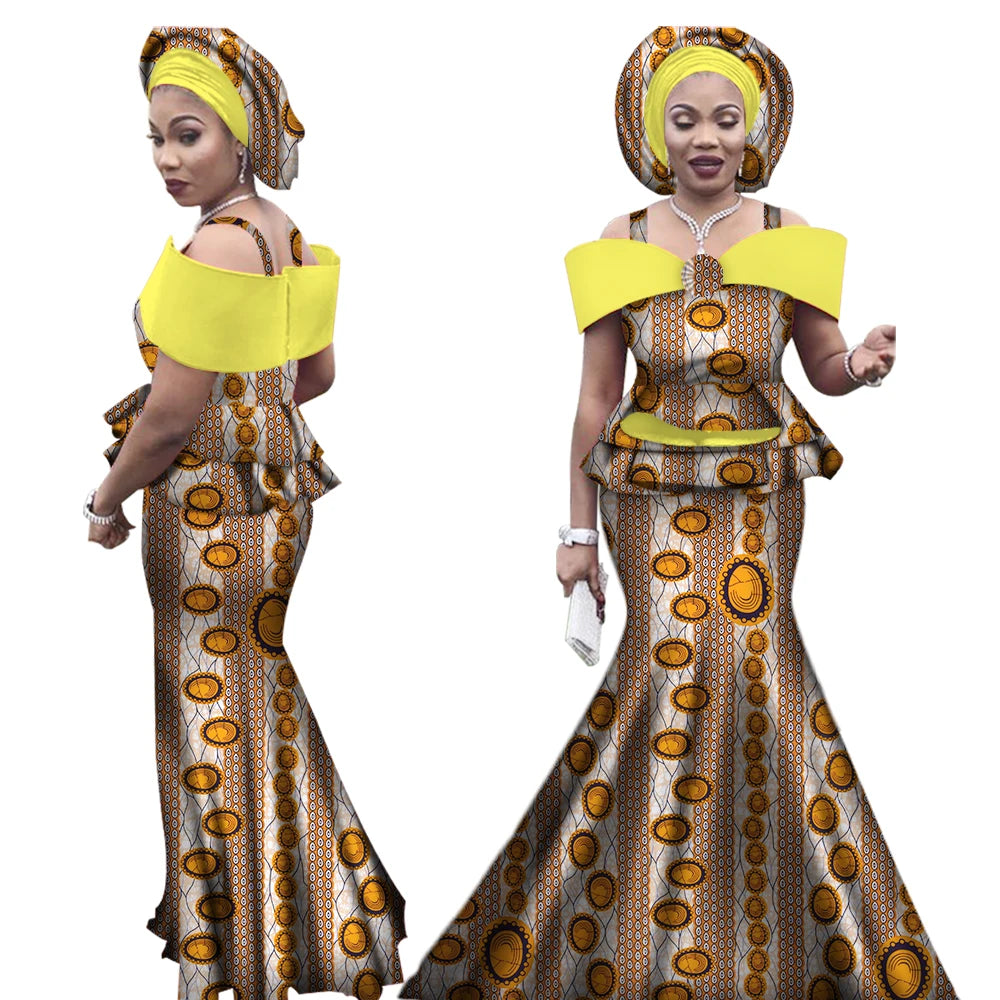 African Outfits with Headtie for Women Dashiki Bazin Print Strap Tops and Long Skirts Women Set African Clothing WY3113