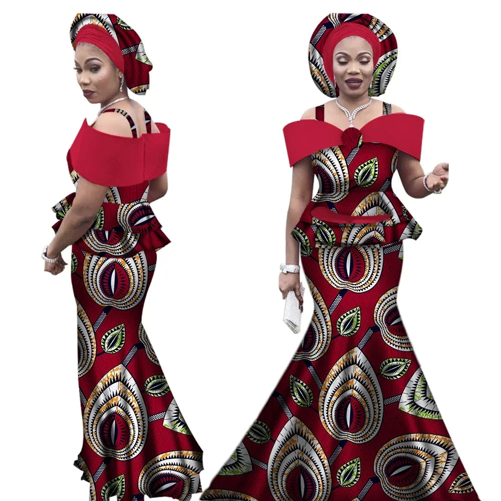 African Outfits with Headtie for Women Dashiki Bazin Print Strap Tops and Long Skirts Women Set African Clothing WY3113