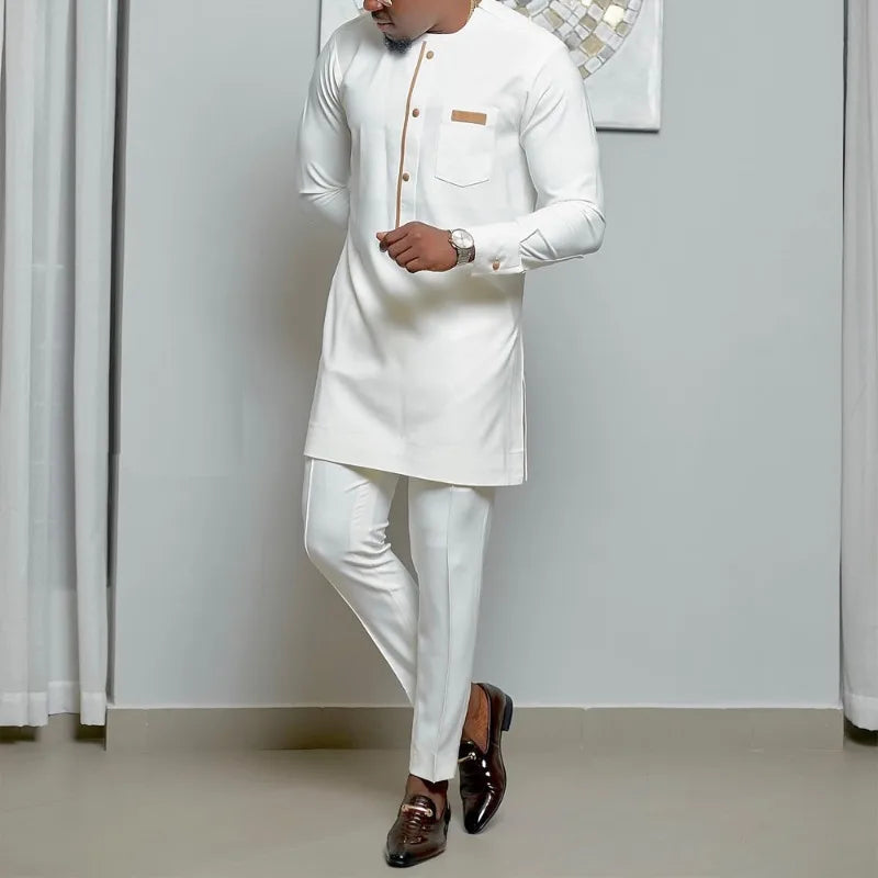 Costume de mariage traditionnel africain musulman pour homme, ensemble 2 pièces, haut à col rond à manches longues et pantalon, tenue formelle pour le marié118