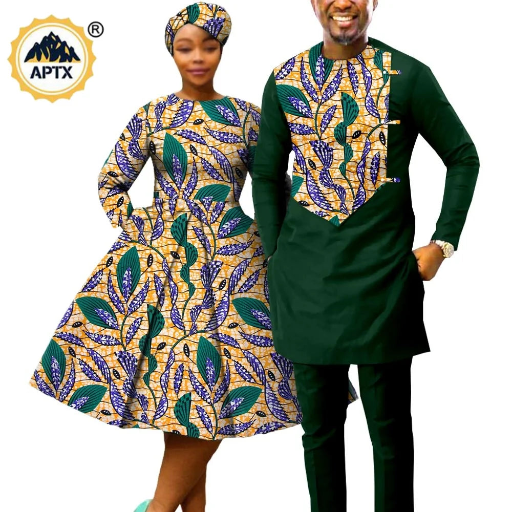 African Print Dresses for Women with Headwrap Matching Couple Outfits Men Patchwork Shirt and Pants Sets Africa Clothing Y22C075