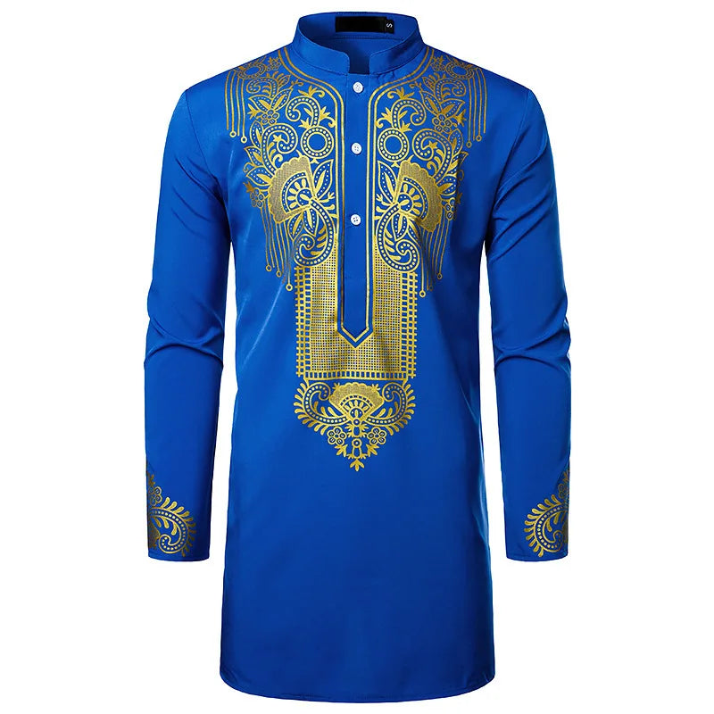 Abaya islamique arabe pour hommes Robe imprimé ethnique col montant chemise mi-longue pour jeunes manteau de luxe vêtements décontractés pour hommes musulmans à la mode