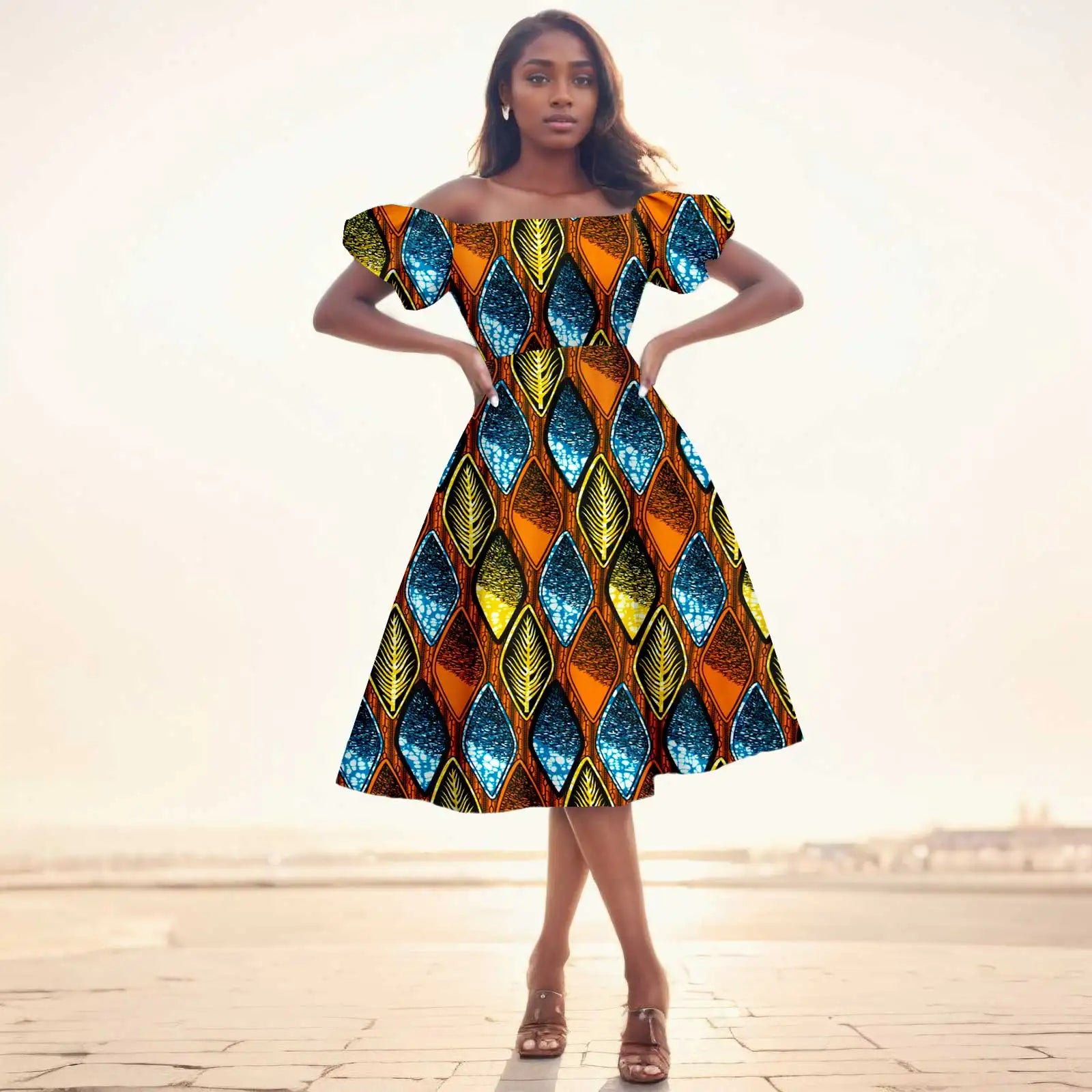 African Dresses for Women Short Sleeve High Waist Print Midi Dress Ankara Attire Traditional Outfit Elegant Fashion Wear 2425102