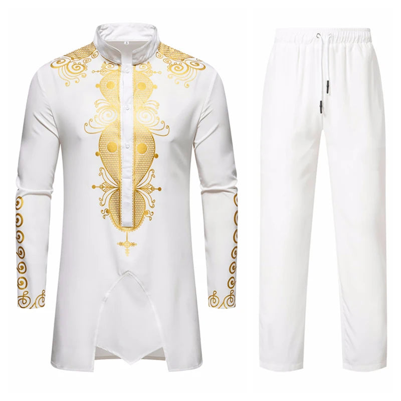 Ensemble de Robe imprimé africain à col montant pour hommes, noir/blanc, tenue de chef Tribal du moyen-orient de saphir, haut + pantalon, 2 pièces, 2026