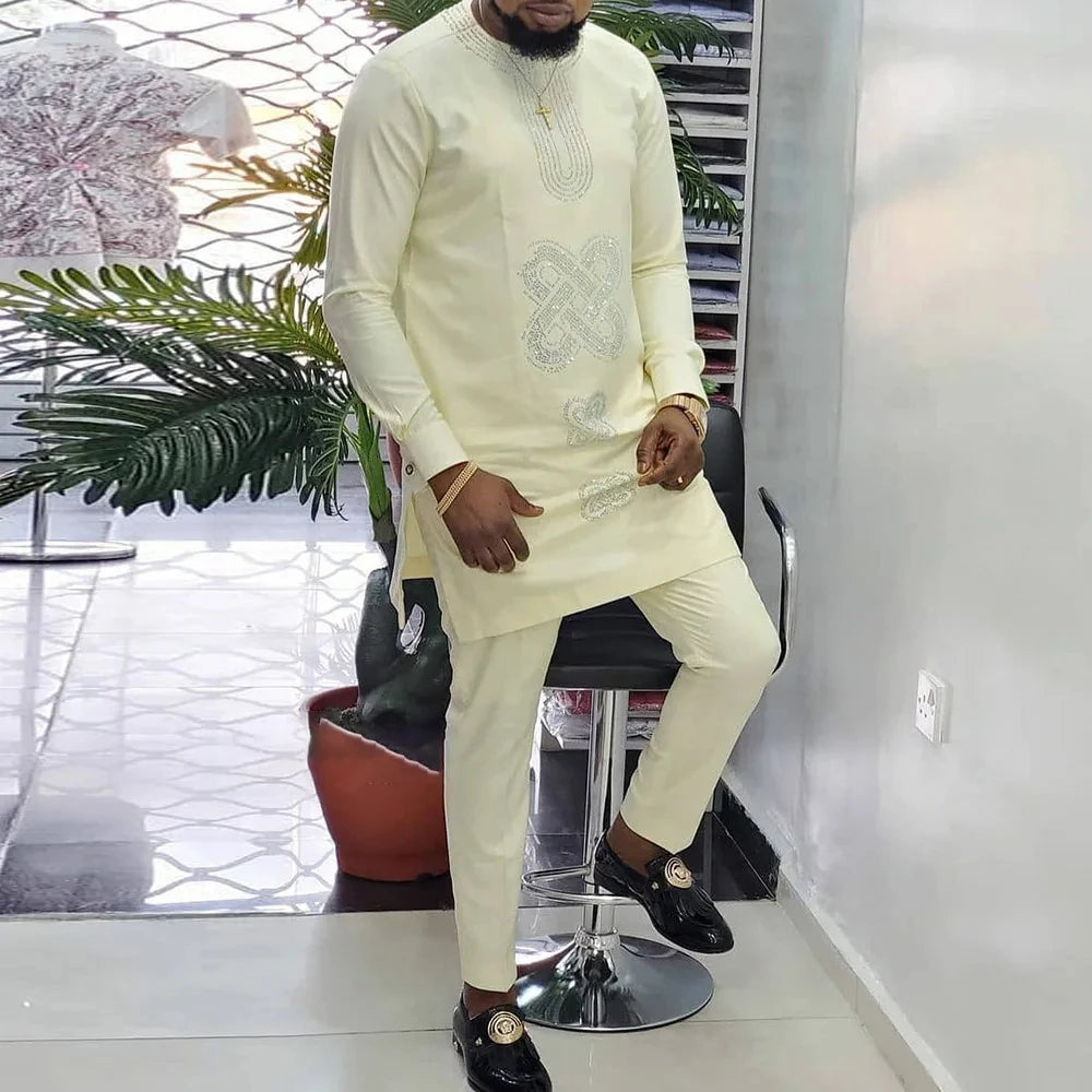 2025 hommes africains Dashiki à manches longues 2 pièces ensemble tenue traditionnelle afrique vêtements blanc hommes costume homme chemise pantalon costumes