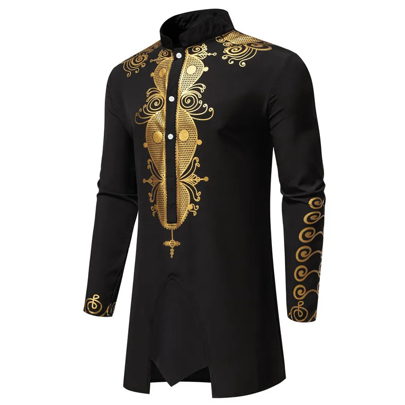 Ensemble de Robe imprimé africain à col montant pour hommes, noir/blanc, tenue de chef Tribal du moyen-orient de saphir, haut + pantalon, 2 pièces, 2026