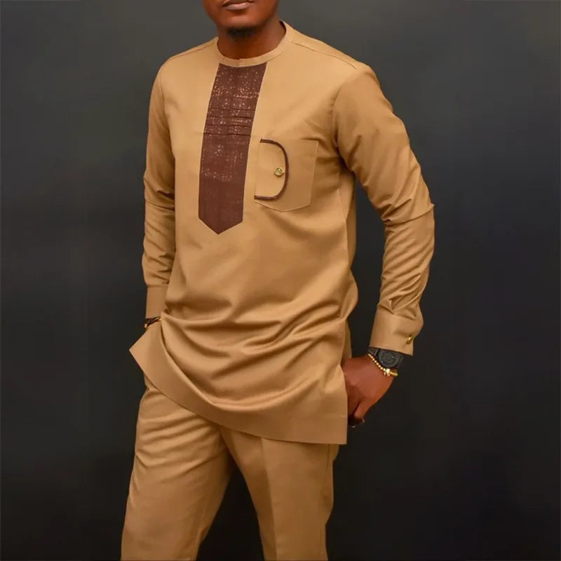 Costume de mariage traditionnel africain musulman pour homme, ensemble 2 pièces, haut à col rond à manches longues et pantalon, tenue formelle pour le marié118
