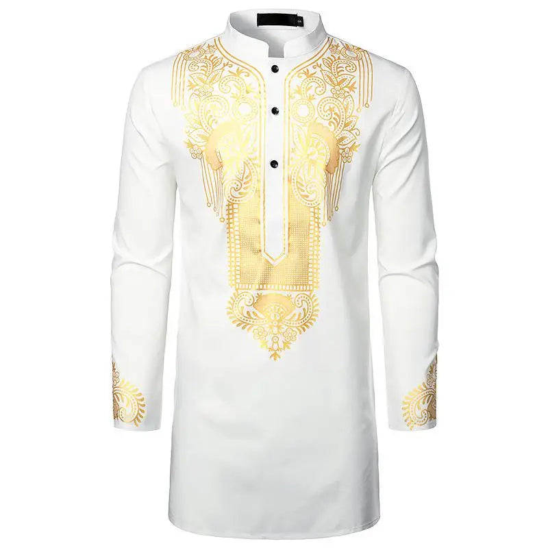 Abaya islamique arabe pour hommes Robe imprimé ethnique col montant chemise mi-longue pour jeunes manteau de luxe vêtements décontractés pour hommes musulmans à la mode