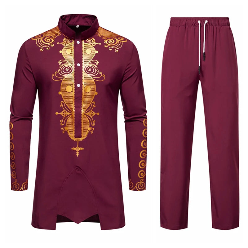 Ensemble de Robe imprimé africain à col montant pour hommes, noir/blanc, tenue de chef Tribal du moyen-orient de saphir, haut + pantalon, 2 pièces, 2026