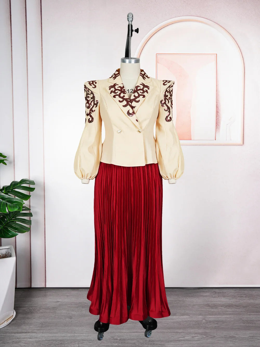 African Clothes For Women 2 Piece Matching Long Sleeve Tops And Pleated Skirt Suit Party Evening Dress Wedding Guest Attire Robe