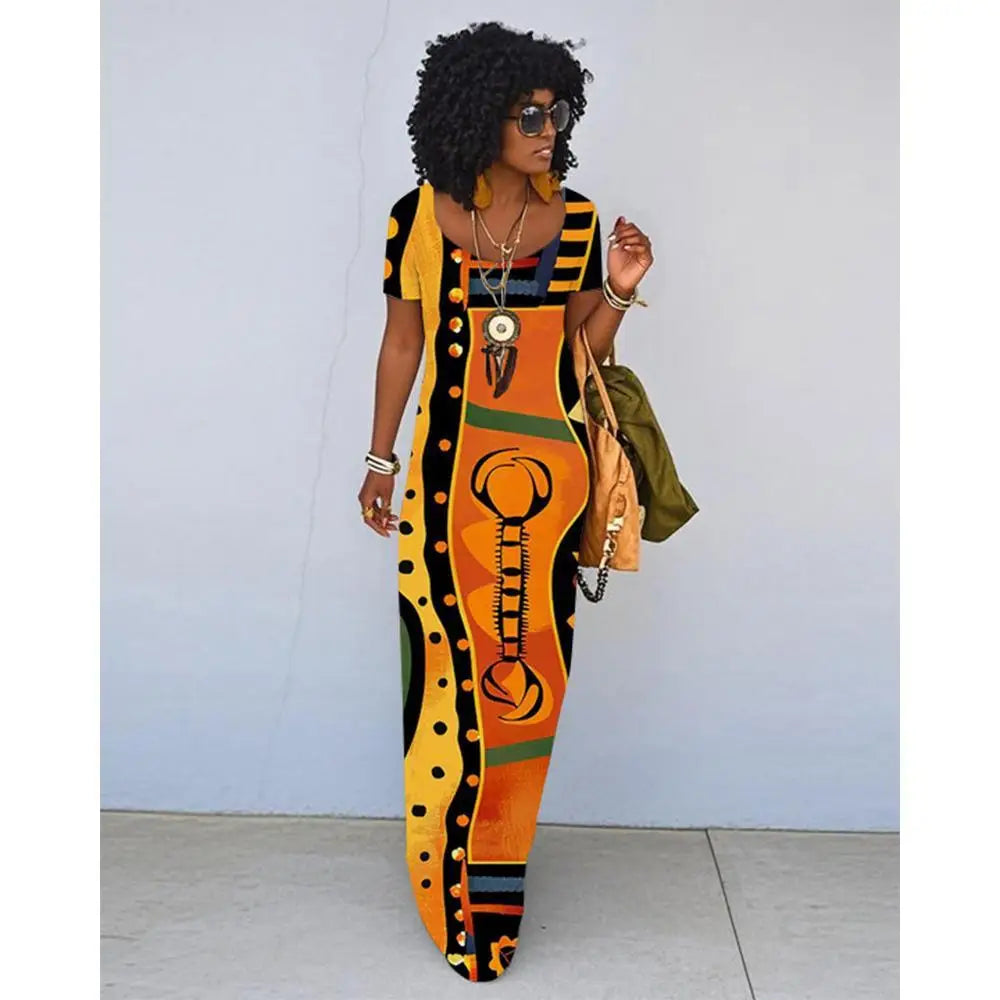 African Ethnic Print Dress For Women Summer Retro Literary Slim Dress Fashionable Daily Travel Loose Short-sleeved Long Dress