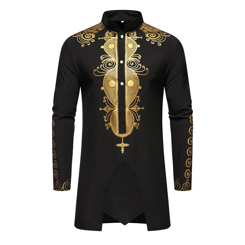 Ensemble de Robe imprimé africain à col montant pour hommes, noir/blanc, tenue de chef Tribal du moyen-orient de saphir, haut + pantalon, 2 pièces, 2026