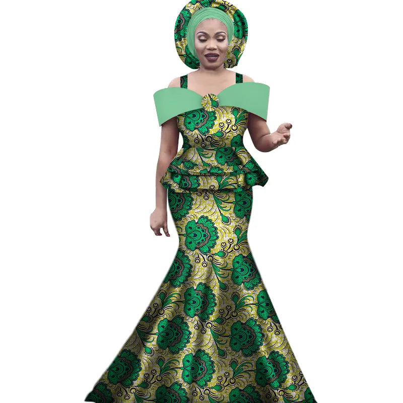 African Outfits with Headtie for Women Dashiki Bazin Print Strap Tops and Long Skirts Women Set African Clothing WY3113