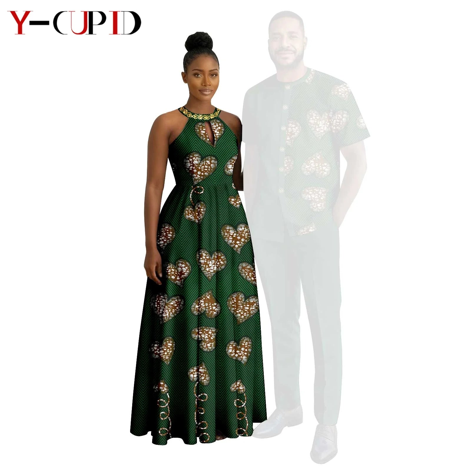 Robes africaines à imprimé Halter pour femmes, tenues assorties pour hommes, ensembles chemise et pantalon, vêtements de couple africains pour fête 26C005