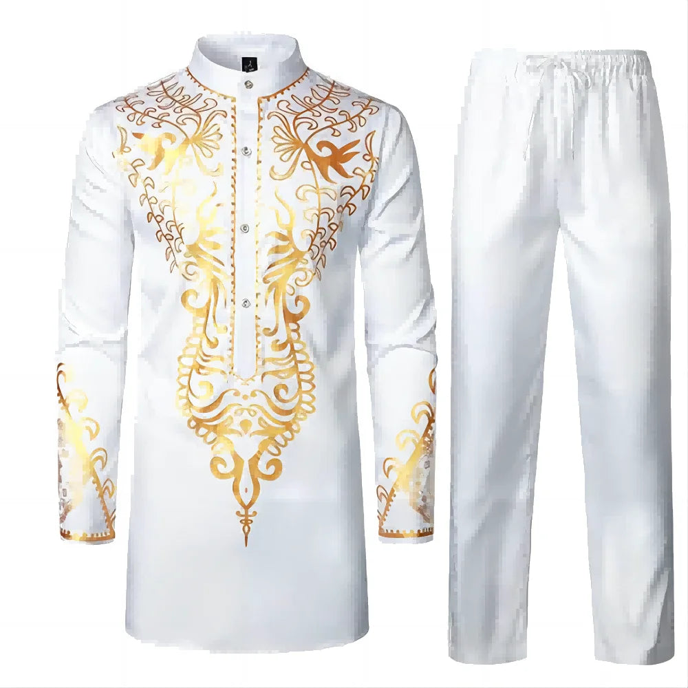 Chemise africaine à manches longues pour hommes, chemise à col chinois imprimé en métal doré, ensemble deux pièces pour Festival National traditionnel de mariage