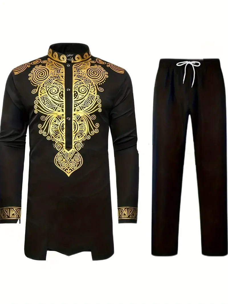 Chemise africaine à manches longues pour hommes, chemise à col chinois imprimé en métal doré, ensemble deux pièces pour Festival National traditionnel de mariage