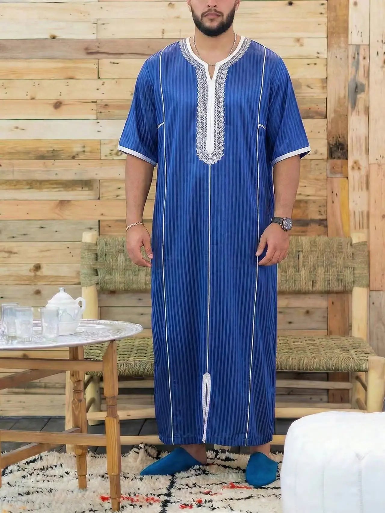 Gandoura marocaine pour hommes musulmans, thobe ample à manches courtes, broderie magnifique, vêtements traditionnels islamiques confortables pour hommes, pour les fêtes