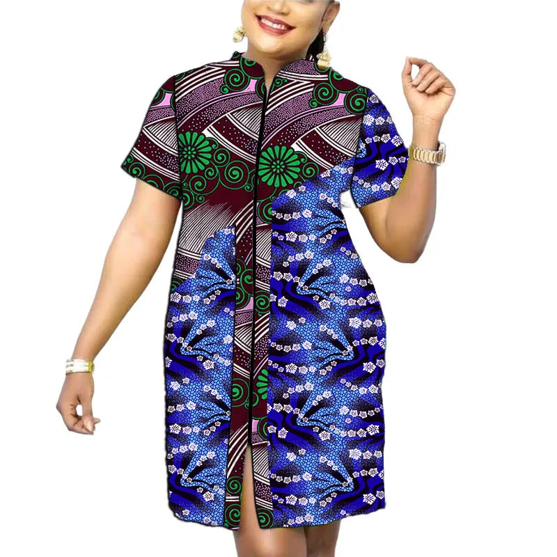 Original Design African Print Women’s Dress Stand Collar Frock Tailored Traditional Party Wear Retro Patchwork Designs
