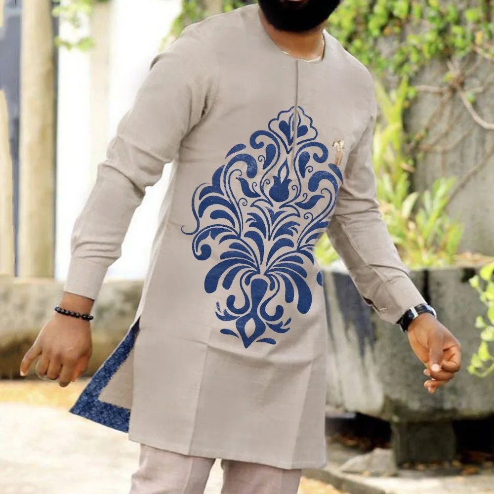 Ensemble 2 pièces ethnique africain pour hommes, décontracté, manches longues, couleur unie, chemise et pantalon, confortable, vêtements de détente, nouvelle collection automne 2024