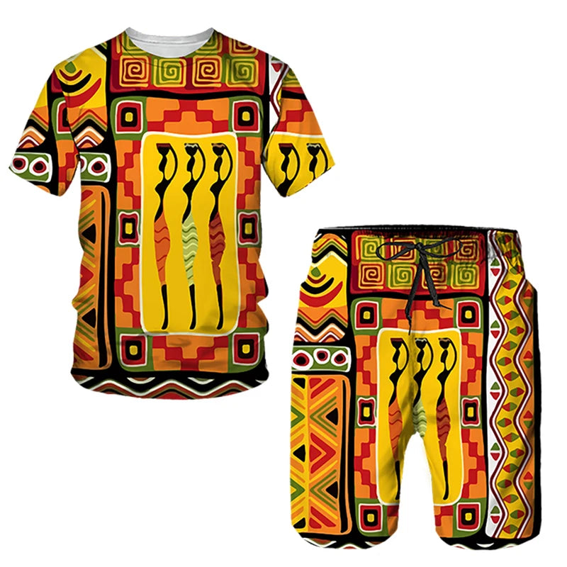 Ensembles de t-shirts et shorts College en 3D de style ethnique africain pour hommes, mode décontractée, t-shirt à manches courtes, olympiques pantalons, vêtements respirants