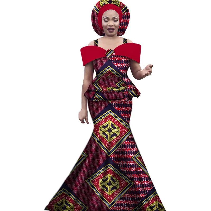 African Outfits with Headtie for Women Dashiki Bazin Print Strap Tops and Long Skirts Women Set African Clothing WY3113