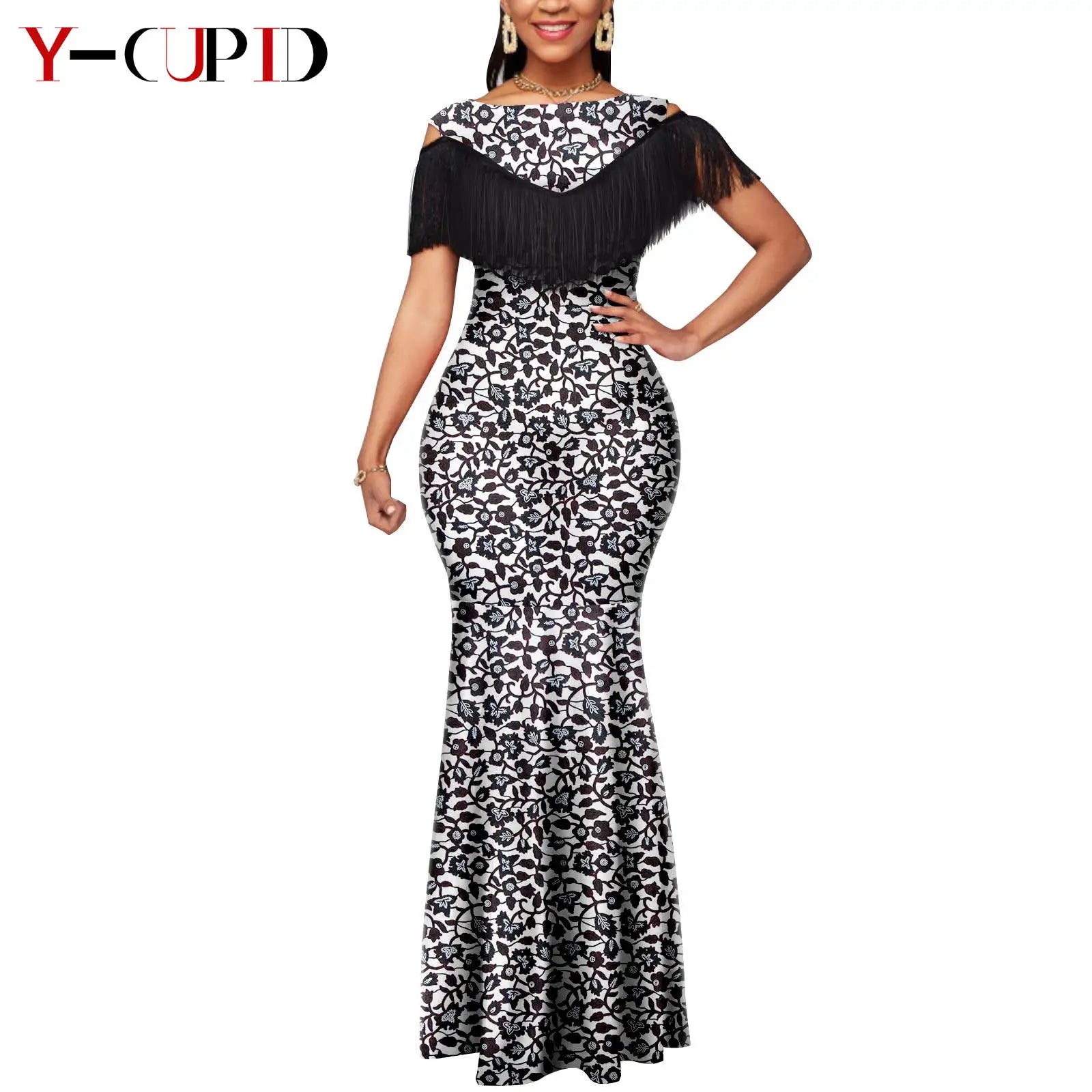 African Dresses for Women Matching Couple Outfits Bazin Riche Dashiki Slim Tassel Print Long Dresses for Party Vestidos Y23C009