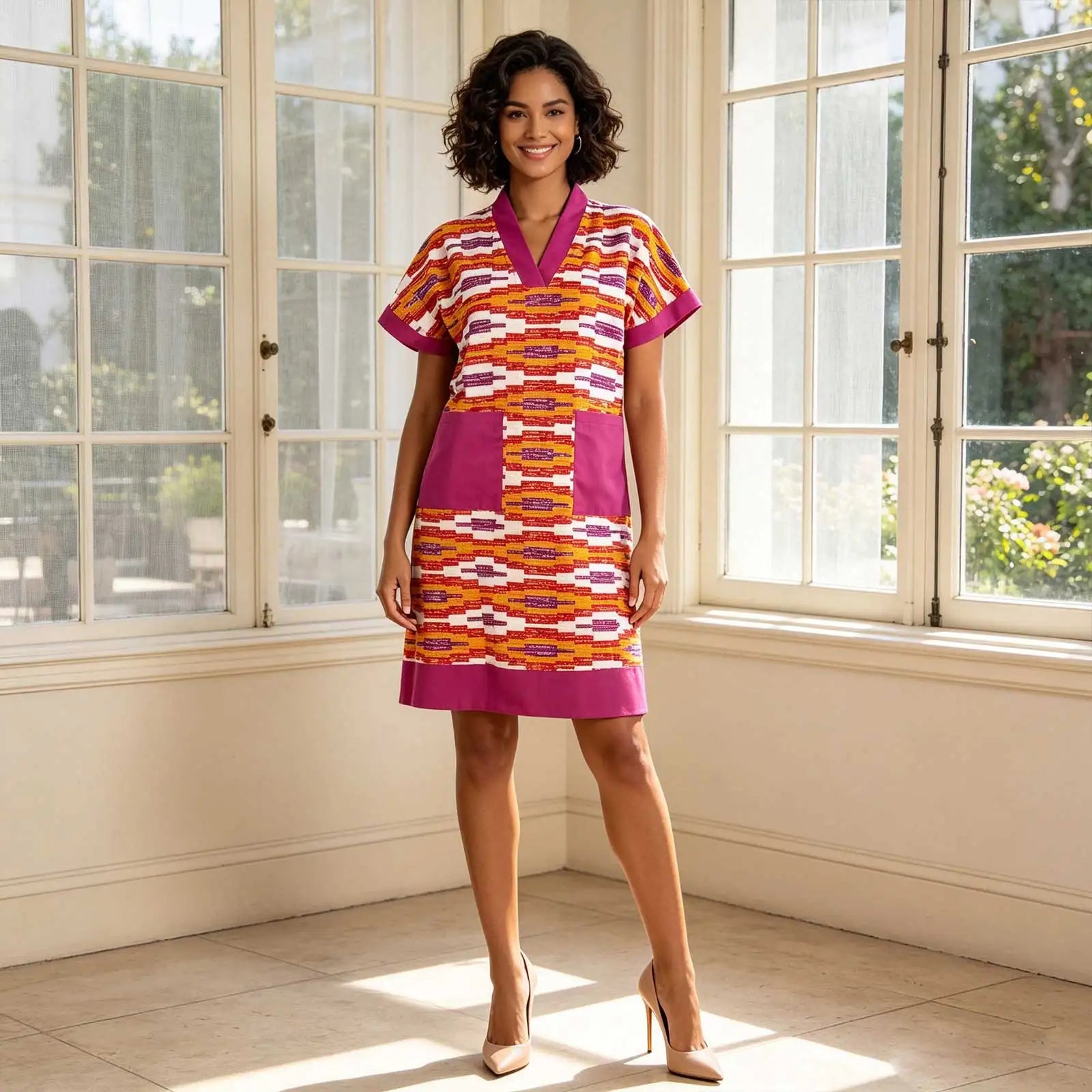 African Dresses for Women Short Sleeve V-Neck High Waist Pocket Elegant Fashion Ankara Attire Floral Printed Dresses 2625032