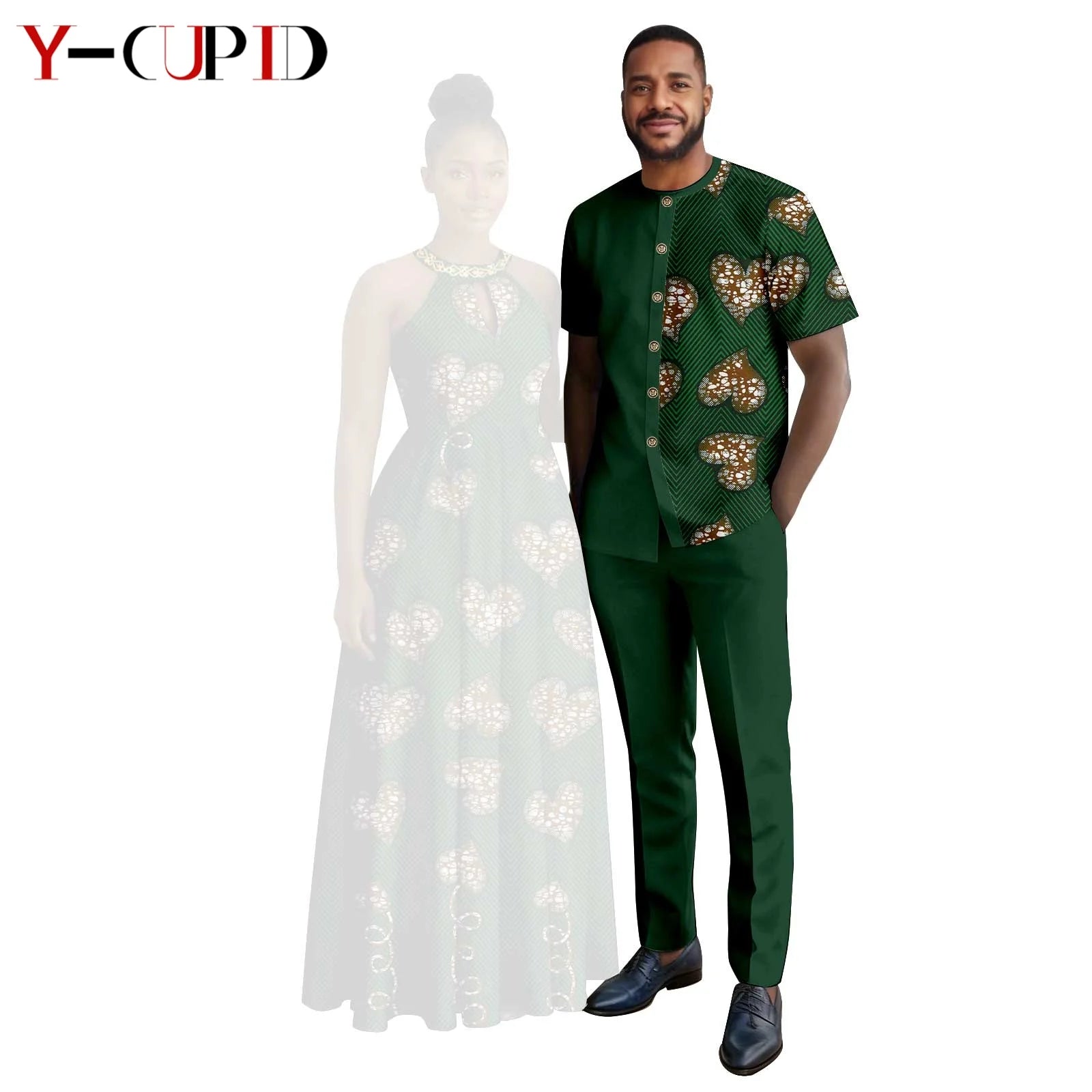Robes africaines à imprimé Halter pour femmes, tenues assorties pour hommes, ensembles chemise et pantalon, vêtements de couple africains pour fête 26C005
