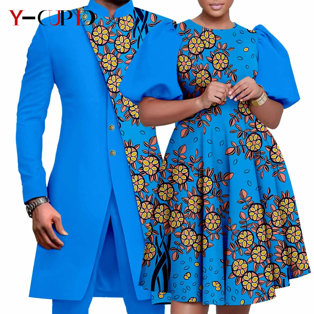 Vêtements Africains Assortis pour Couple Dashiki, Robe Imprimée, Bazin Riche, Ensemble Veste et Pantalon Imbibés, 2 Pièces, Y23C076