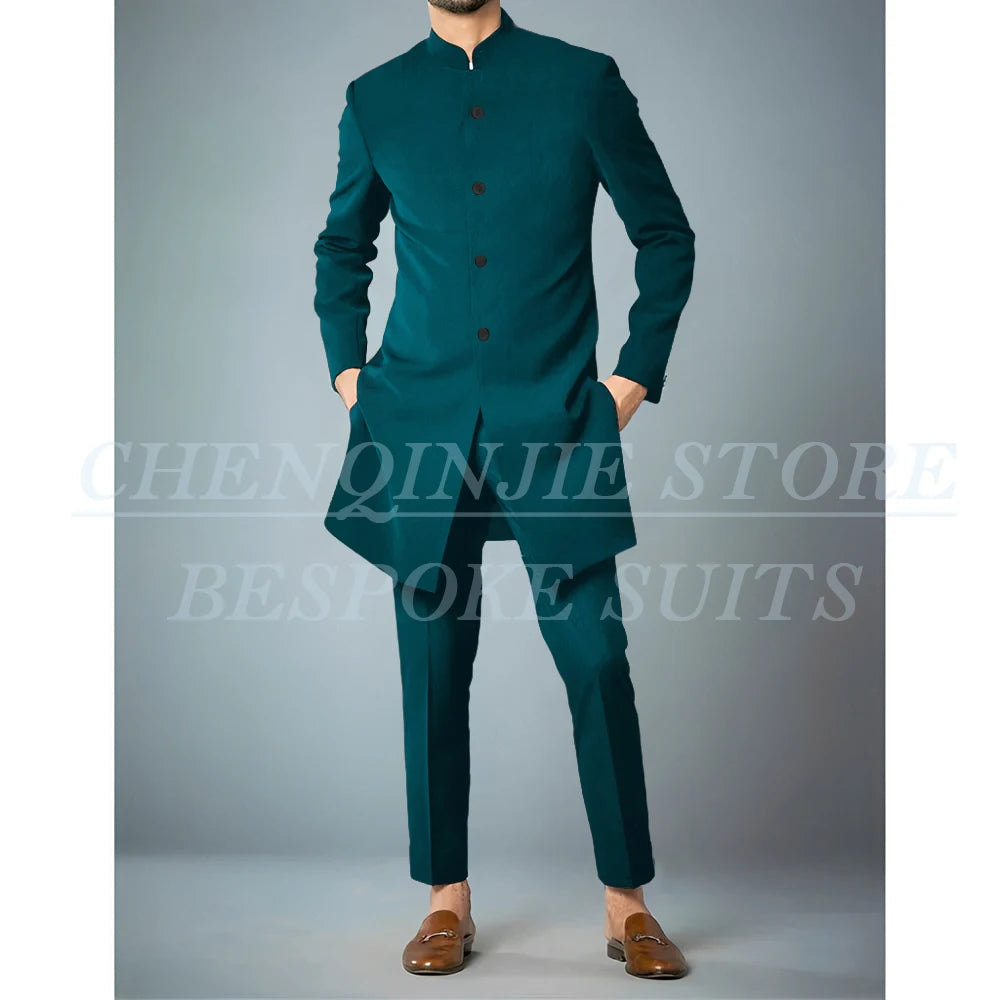 Costumes africains à simple boutonnage pour hommes, vêtements masculins de haute qualité, veste et pantalon, coupe couvertes, revers debout, bleu marine, tenues 2 pièces