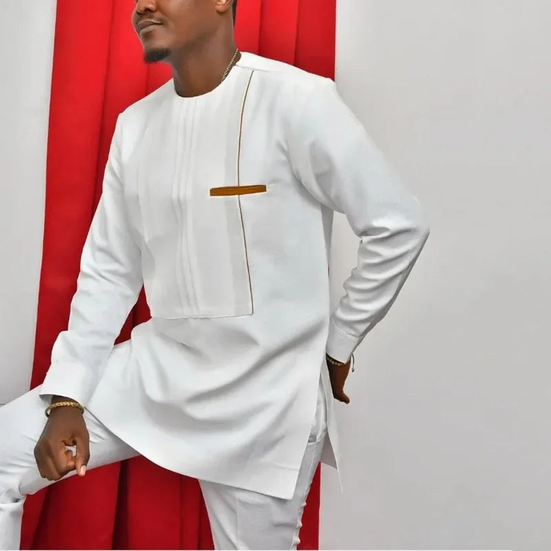 Vêtements africains 2 pièces pour hommes, mode automne, manches longues, col rond, haut blanc, pantalon Long, ensembles assortis, vêtements africains