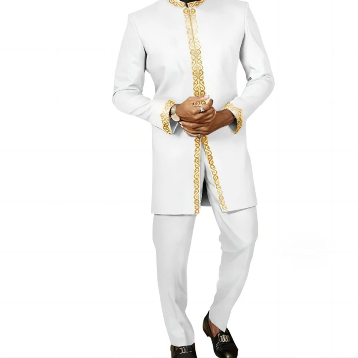 Vêtements pour hommes africains costume deux pièces pantalon ensemble col rond couture couleur unie manches longues Festival Style ethnique social
