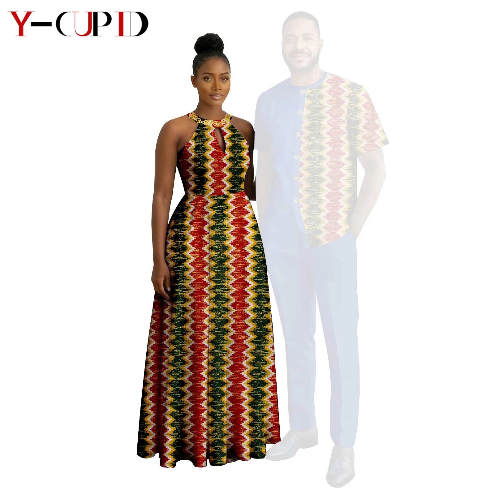 Robes africaines à imprimé Halter pour femmes, tenues assorties pour hommes, ensembles chemise et pantalon, vêtements de couple africains pour fête 26C005