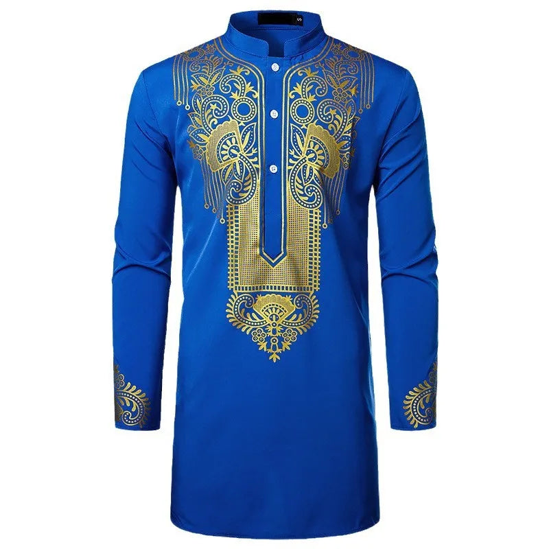 Abaya islamique arabe pour hommes Robe imprimé ethnique col montant chemise mi-longue pour jeunes manteau de luxe vêtements décontractés pour hommes musulmans à la mode