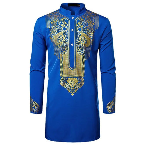 Abaya islamique arabe pour hommes Robe imprimé ethnique col montant chemise mi-longue pour jeunes manteau de luxe vêtements décontractés pour hommes musulmans à la mode