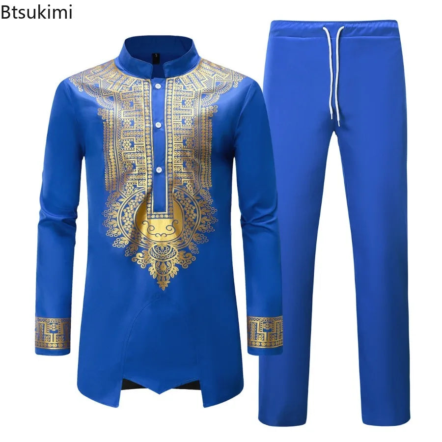 Vêtements traditionnels pour hommes, ensembles africains deux pièces, chemises à manches longues à col montant imprimées, pantalons, streetwear 2026, tenue ethnique africaine