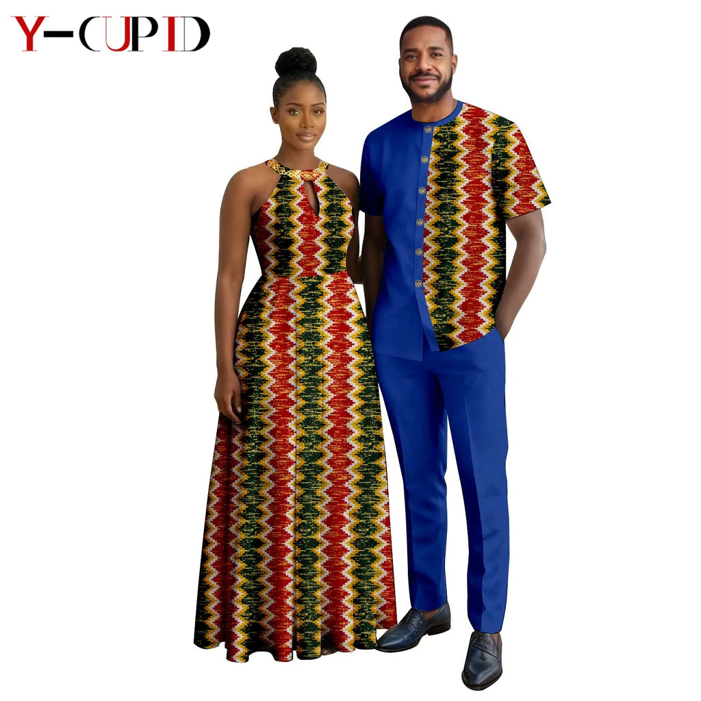Robes africaines à imprimé Halter pour femmes, tenues assorties pour hommes, ensembles chemise et pantalon, vêtements de couple africains pour fête 26C005