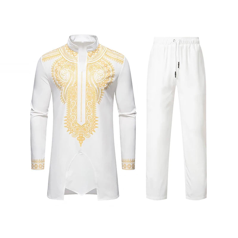 Ensemble de Robe imprimé africain à col montant pour hommes, noir/blanc, tenue de chef Tribal du moyen-orient de saphir, haut + pantalon, 2 pièces, 2026