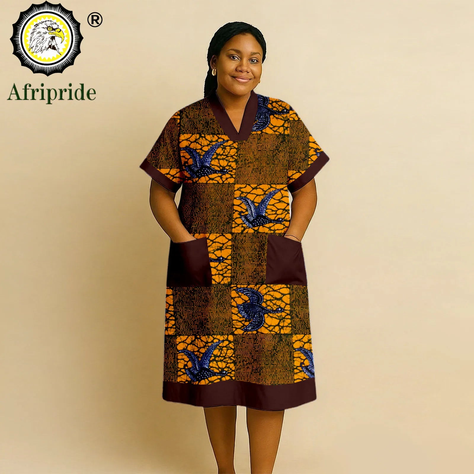African Dresses for Women Short Sleeve V-Neck High Waist Pocket Elegant Fashion Ankara Attire Floral Printed Dresses 2625032