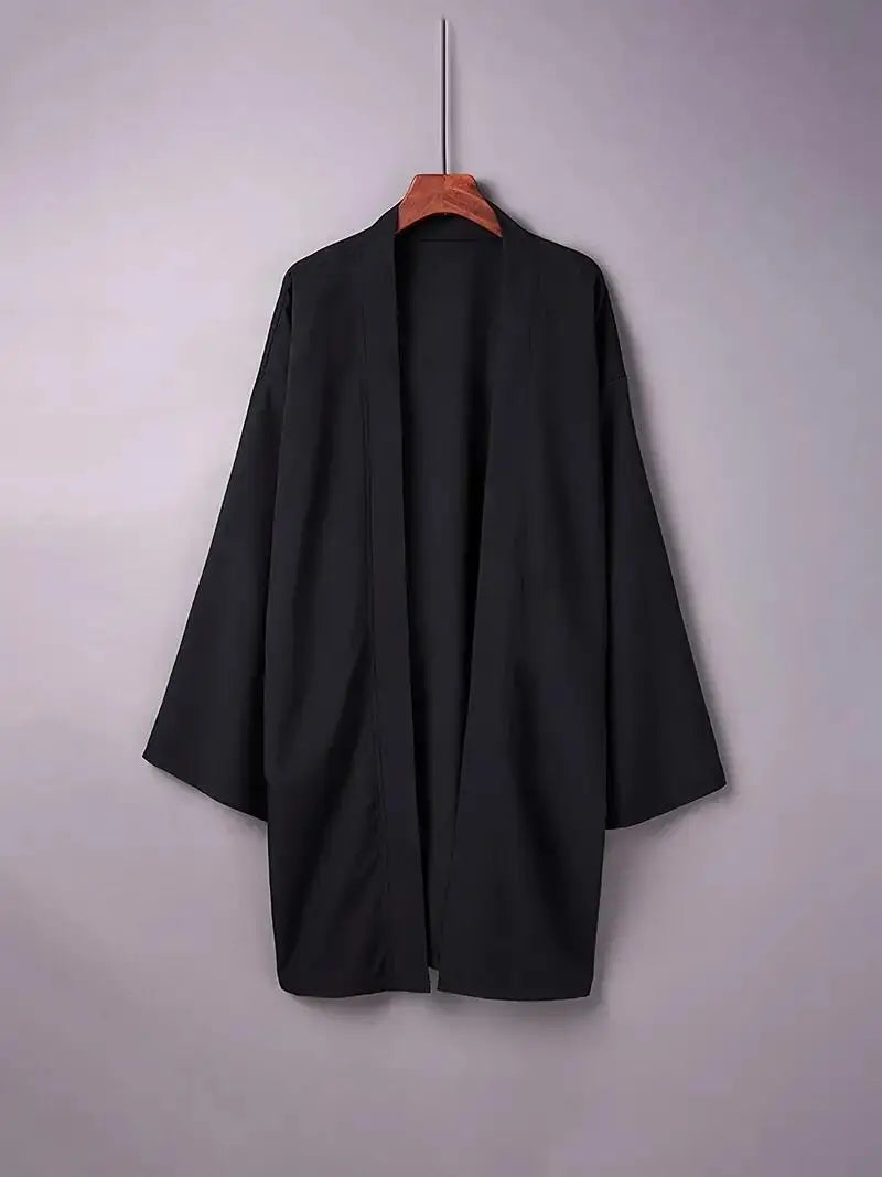 Robe d'été noire pour hommes, vêtements de samouraï, couleur unie, ample, Costume traditionnel asiatique, cape Kimono japonaise de plage, manteau de protection solaire