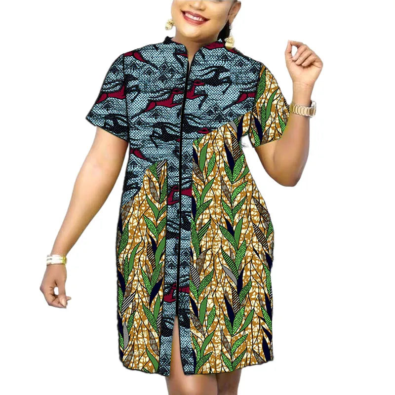 Original Design African Print Women’s Dress Stand Collar Frock Tailored Traditional Party Wear Retro Patchwork Designs