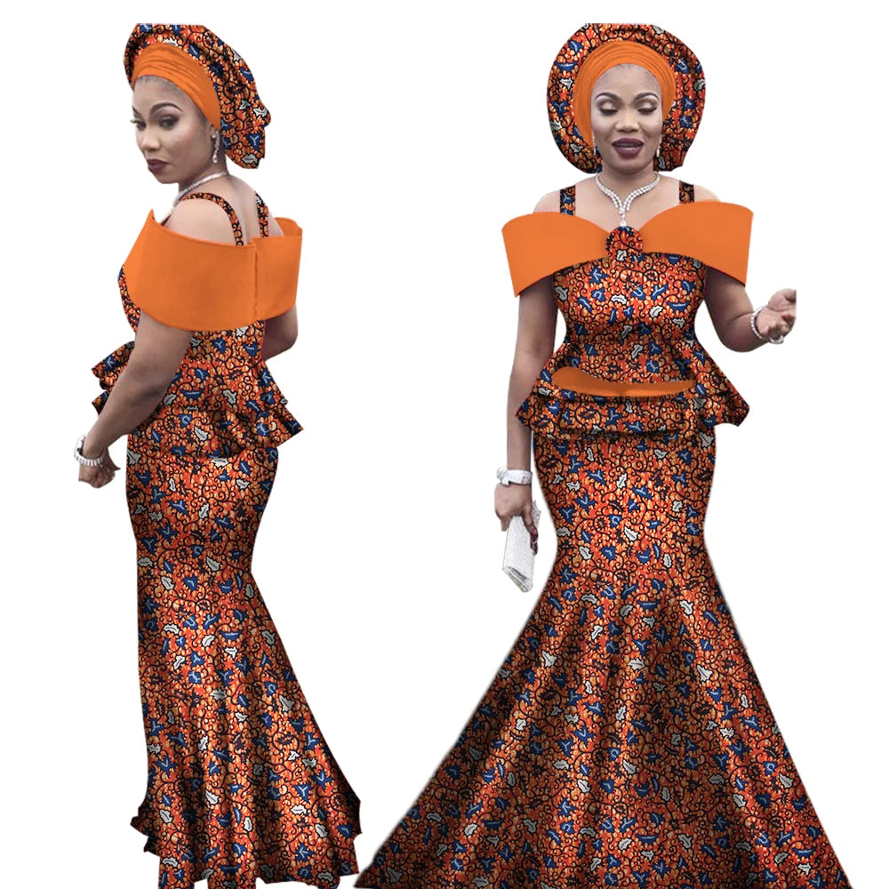 African Outfits with Headtie for Women Dashiki Bazin Print Strap Tops and Long Skirts Women Set African Clothing WY3113