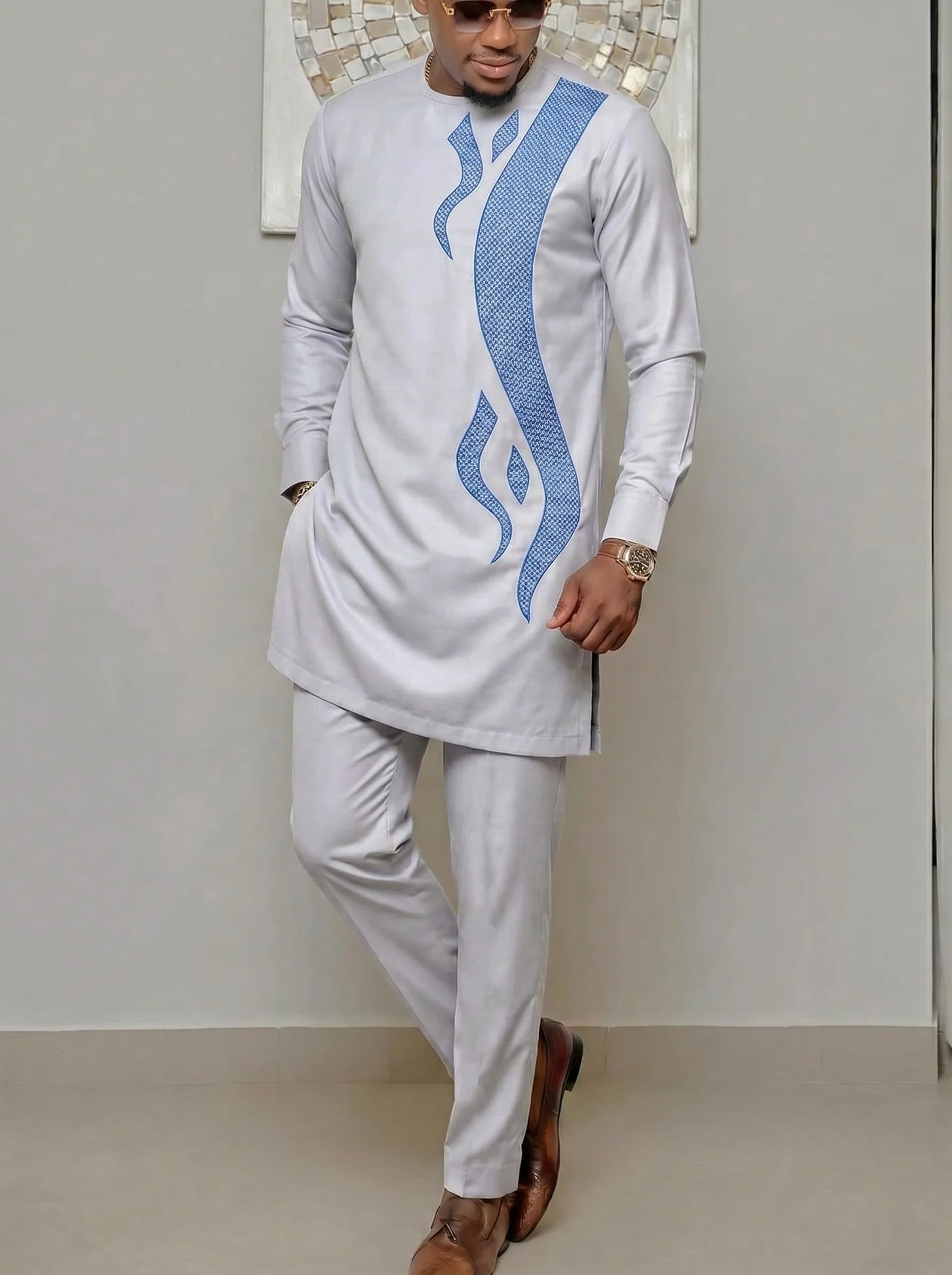Costume traditionnel africain pour homme, chemise à manches longues de style ethnique imprimée et patchwork, pantalon décontracté, ensemble 2 pièces pour les vacances
