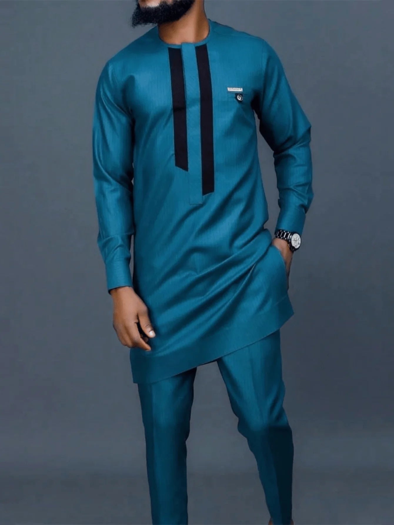 Vêtements pour hommes africains costume deux pièces pantalon ensemble col rond couture couleur unie manches longues Festival Style ethnique social