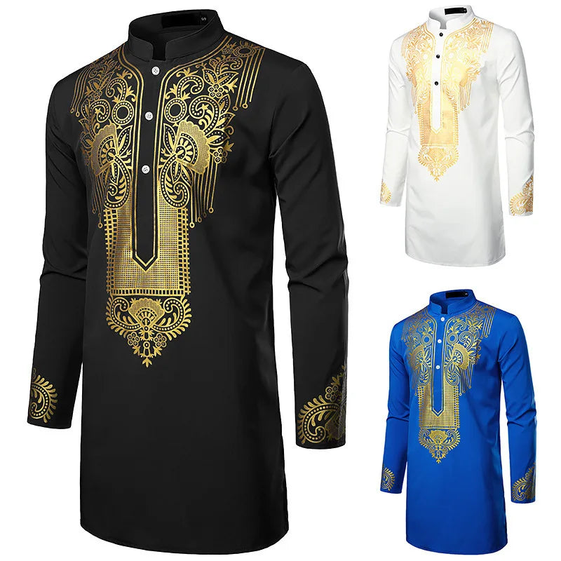 Abaya islamique arabe pour hommes Robe imprimé ethnique col montant chemise mi-longue pour jeunes manteau de luxe vêtements décontractés pour hommes musulmans à la mode