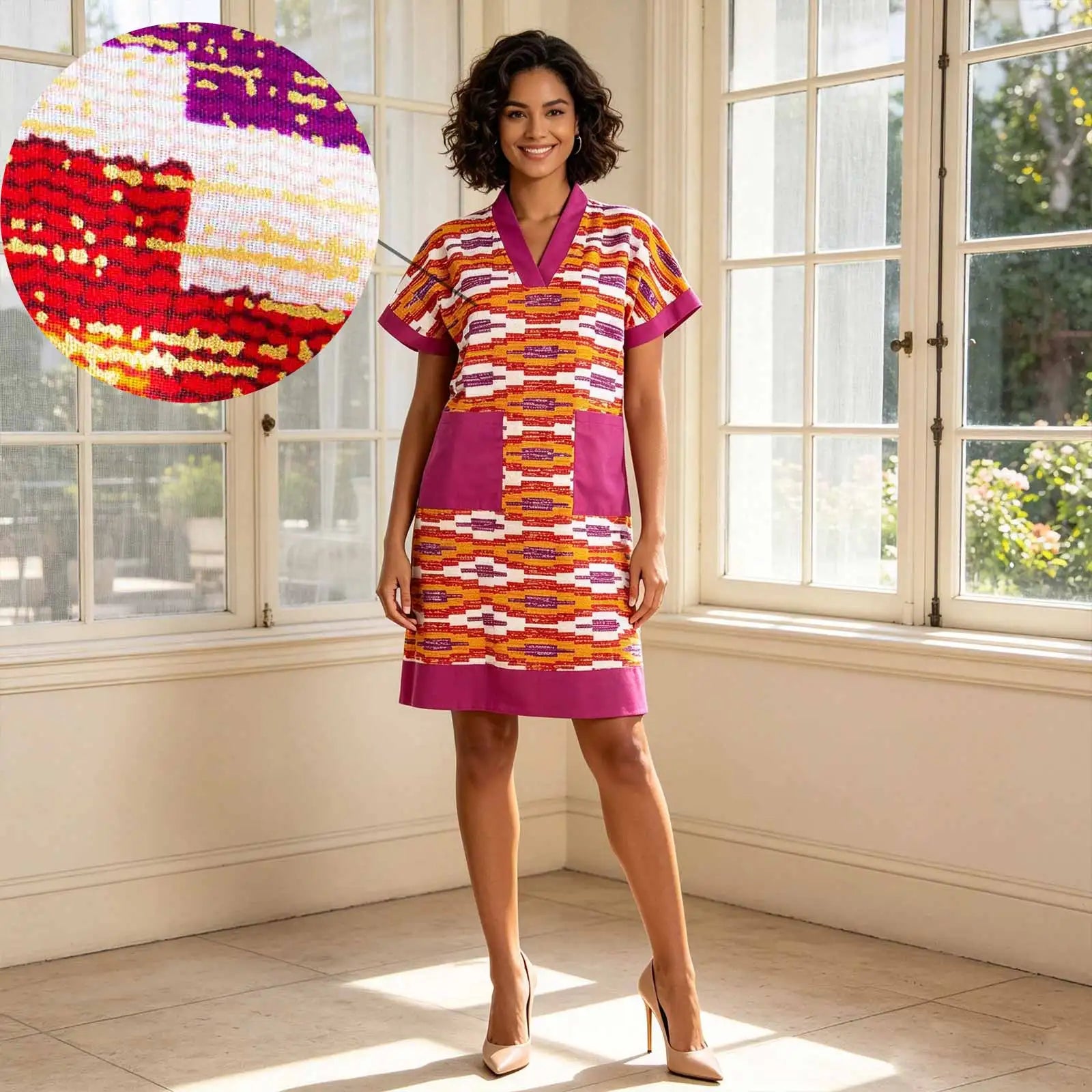 African Dresses for Women Short Sleeve V-Neck High Waist Pocket Elegant Fashion Ankara Attire Floral Printed Dresses 2625032