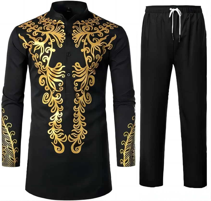 Chemise africaine à manches longues pour hommes, chemise à col chinois imprimé en métal doré, ensemble deux pièces pour Festival National traditionnel de mariage
