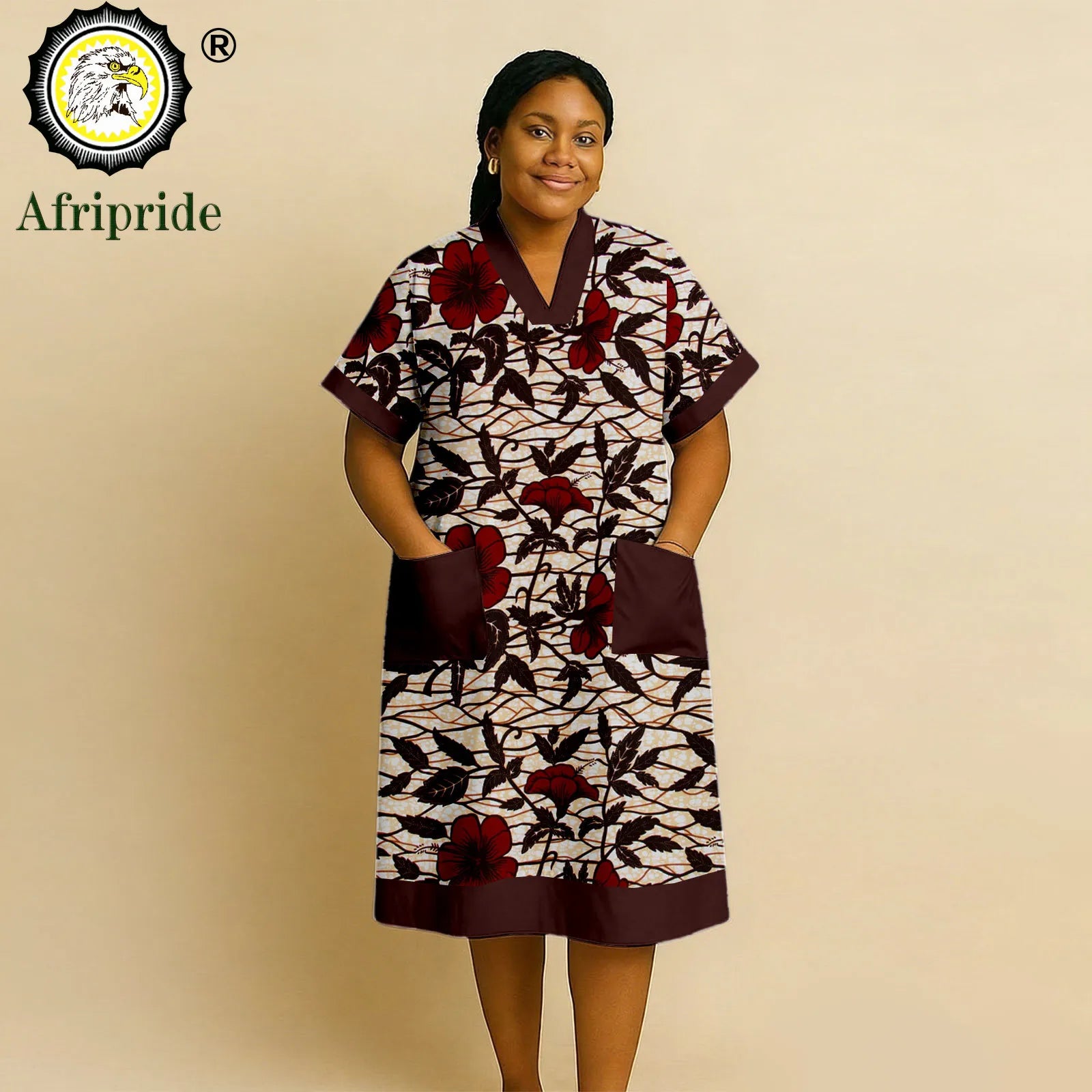African Dresses for Women Short Sleeve V-Neck High Waist Pocket Elegant Fashion Ankara Attire Floral Printed Dresses 2625032