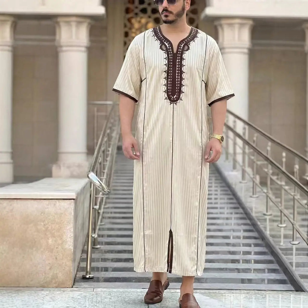 Gandoura marocaine pour hommes musulmans, thobe ample à manches courtes, broderie magnifique, vêtements traditionnels islamiques confortables pour hommes, pour les fêtes